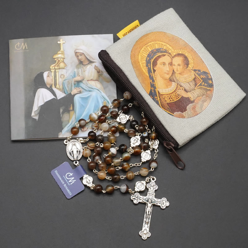 Christianartworkshop Virgin Mary Agate Prayer Rosary with 5-in-1 Crucifix - Brown - image 3