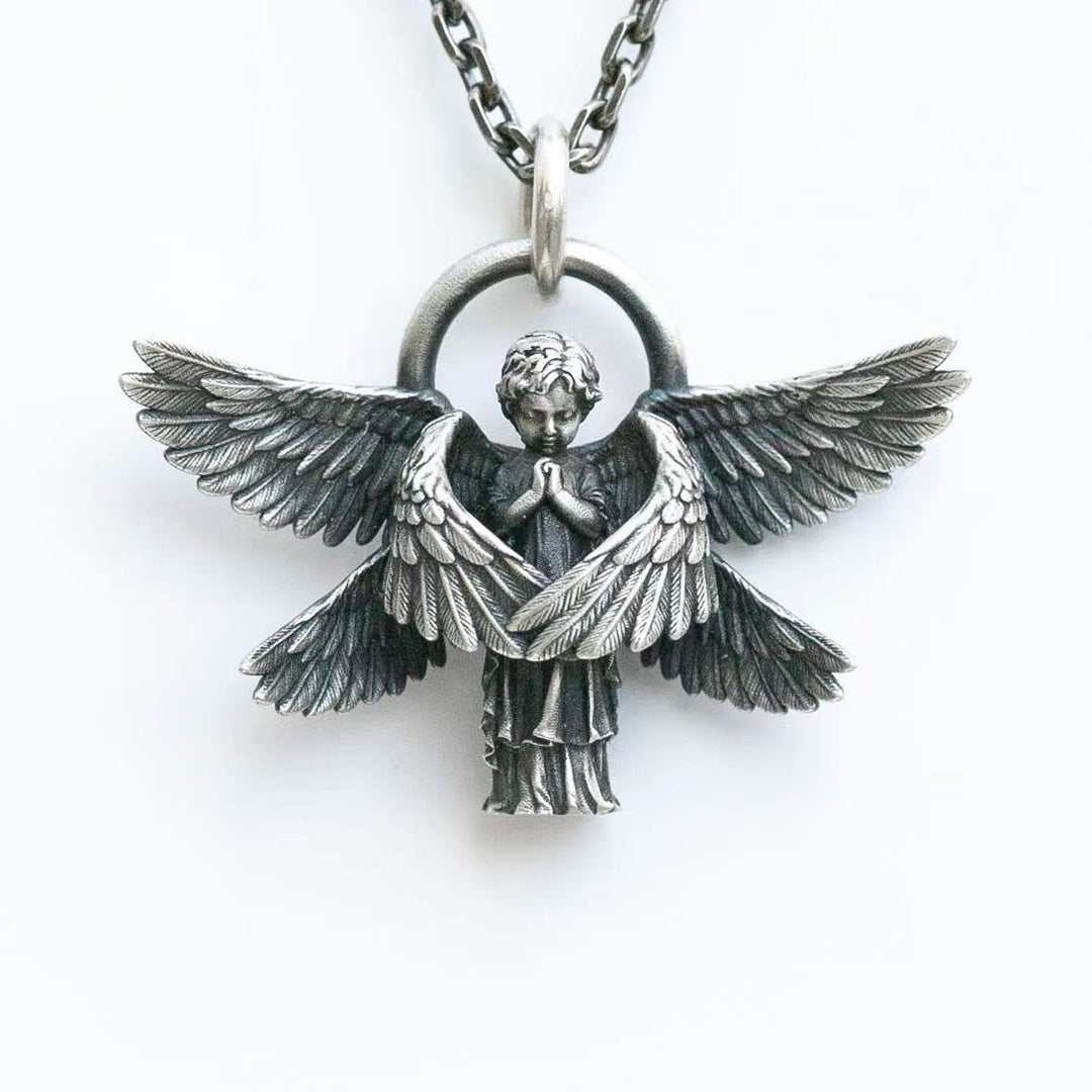 Praying Angel Wing Pendant Good Luck Necklace - Silver - image 1