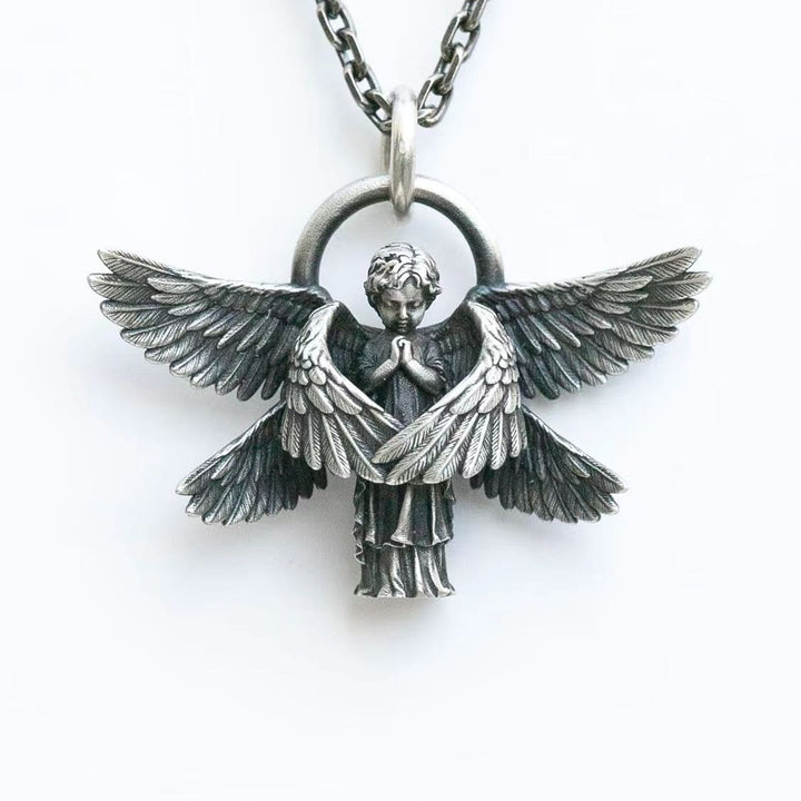 Praying Angel Wing Pendant Good Luck Necklace - Silver - image 1