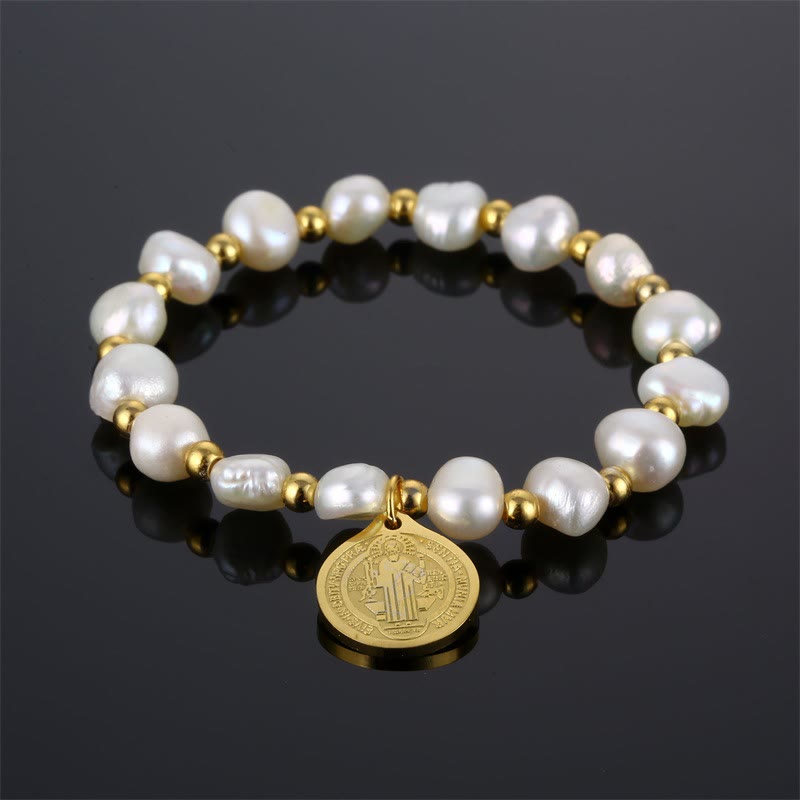 Christianartworkshop Saint Benedict Medal Irregular Pearl Bracelet - Pearl - image 1