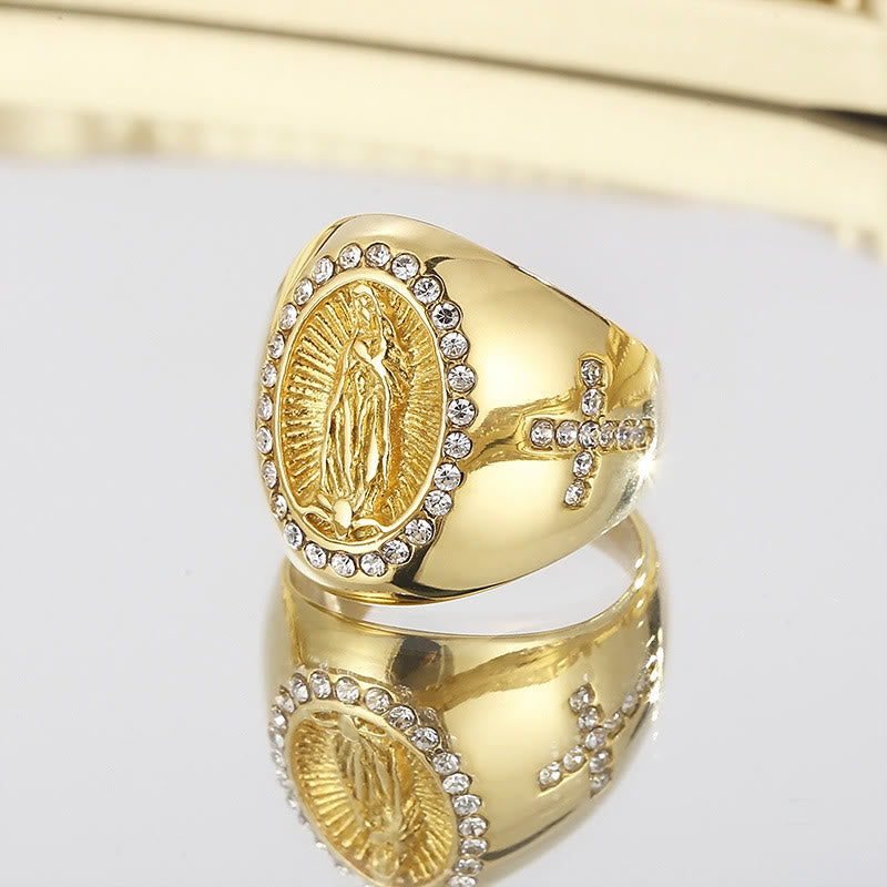 Virgin Mary Stainless Steel Ring Cross Sign Catholic Rings for Religious Jewelry - US13 - Golden - image 1