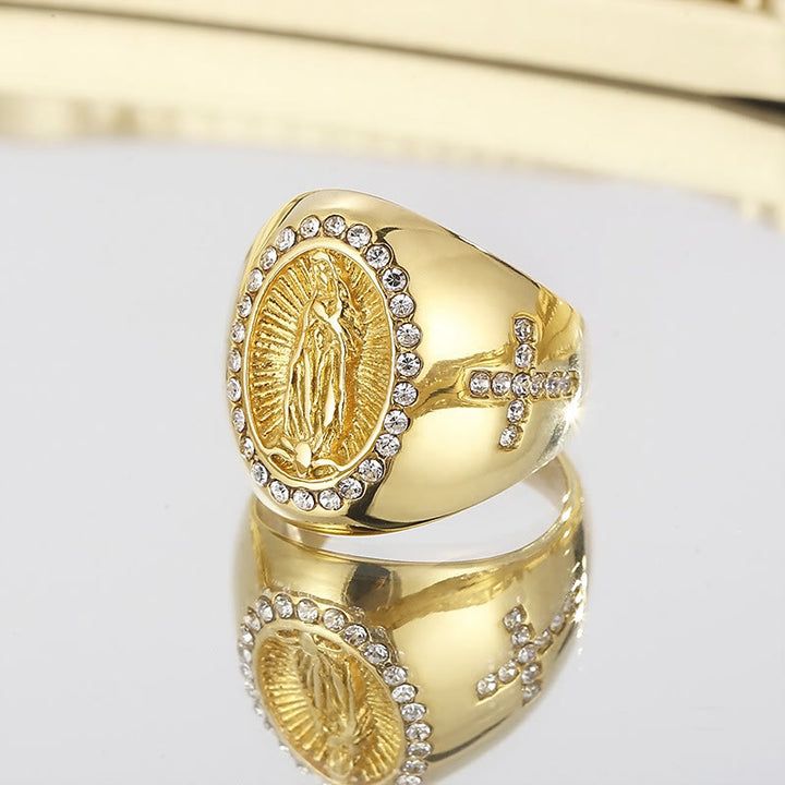 Virgin Mary Stainless Steel Ring Cross Sign Catholic Rings for Religious Jewelry - US13 - Golden - image 1