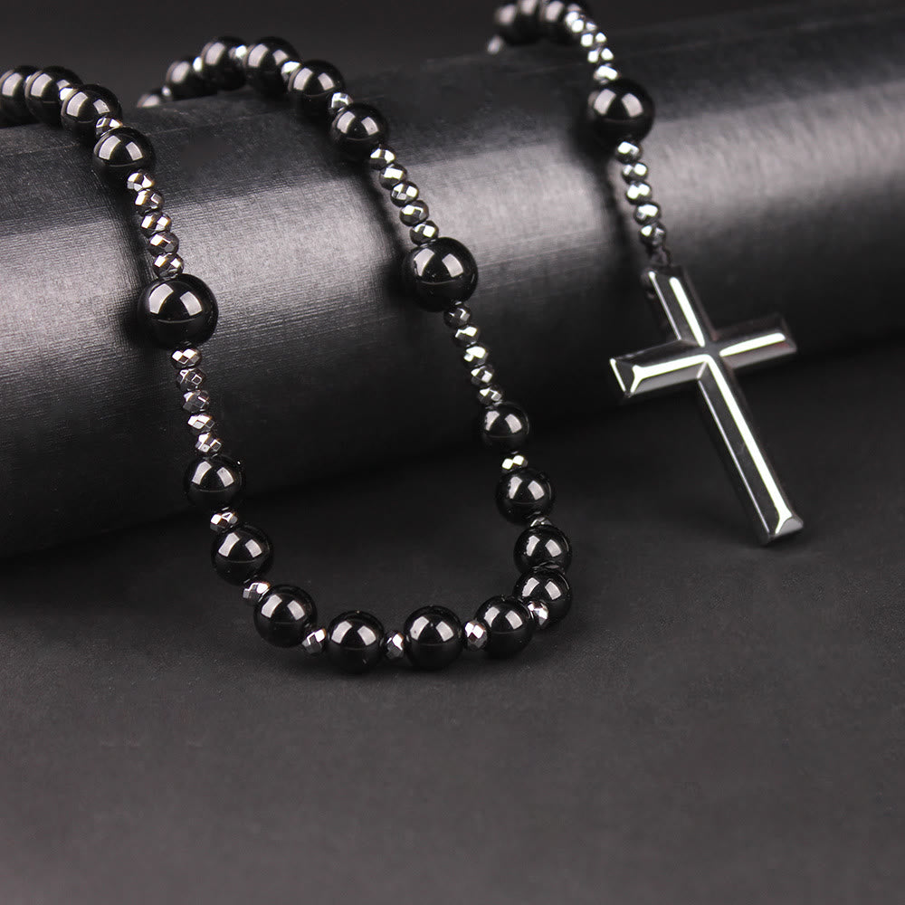 Agate/Tiger's Eye Stone Cross Catholic Rosary - Black Agate - image 1