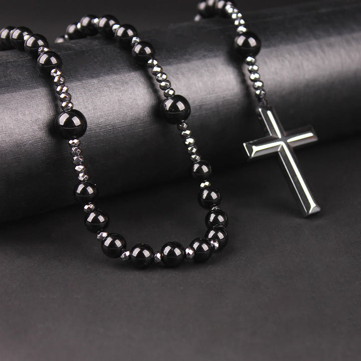 Agate/Tiger's Eye Stone Cross Catholic Rosary - Black Agate - image 1