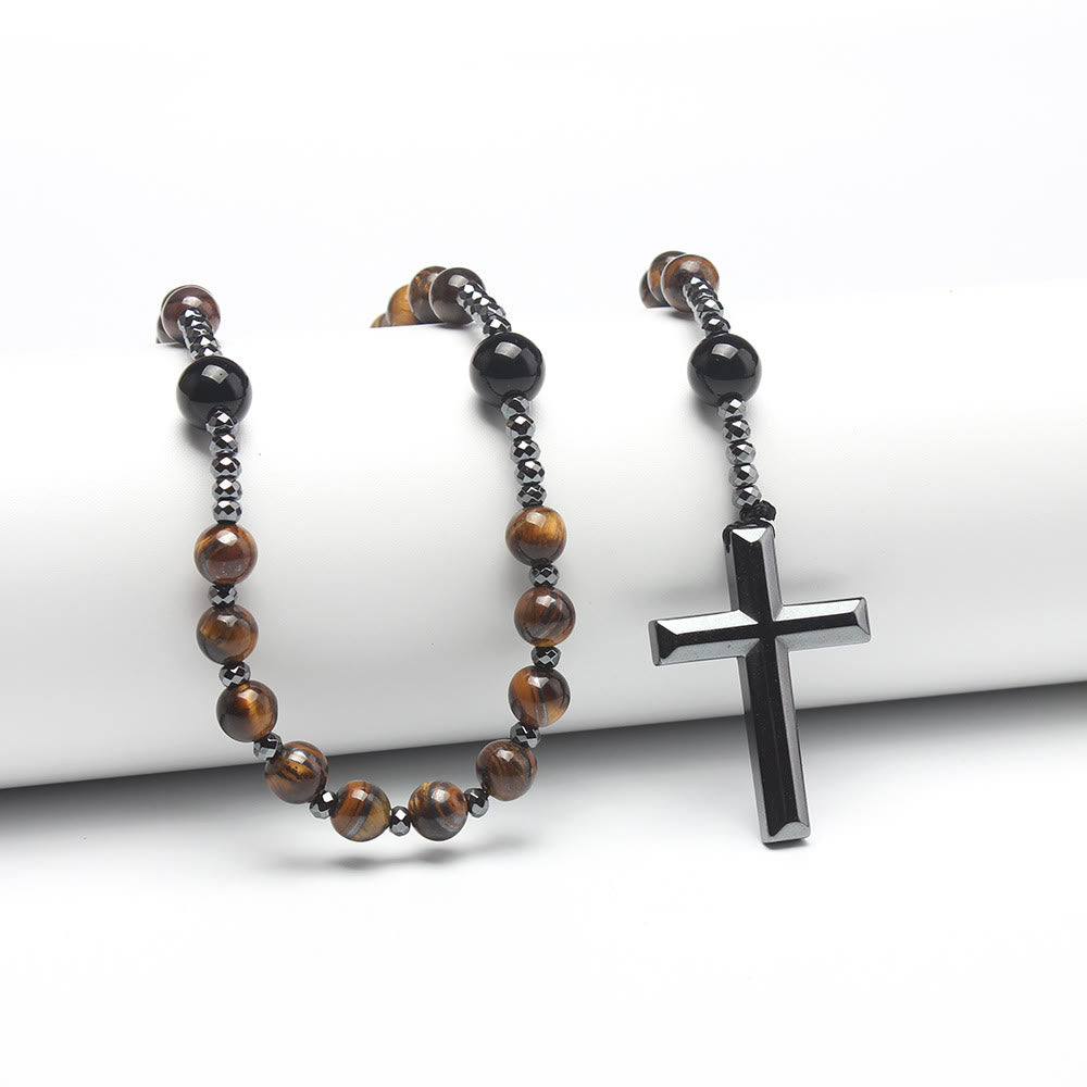 Agate/Tiger's Eye Stone Cross Catholic Rosary - Yellow Tiger's Eye - image 2