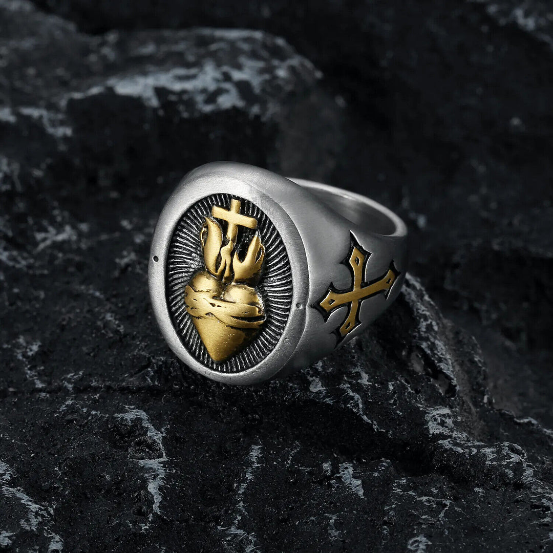 Christianartworkshop Sacred Heart Of Jesus Cross Ring - UK Size Z（US 13） - Metallic-gold - image 0