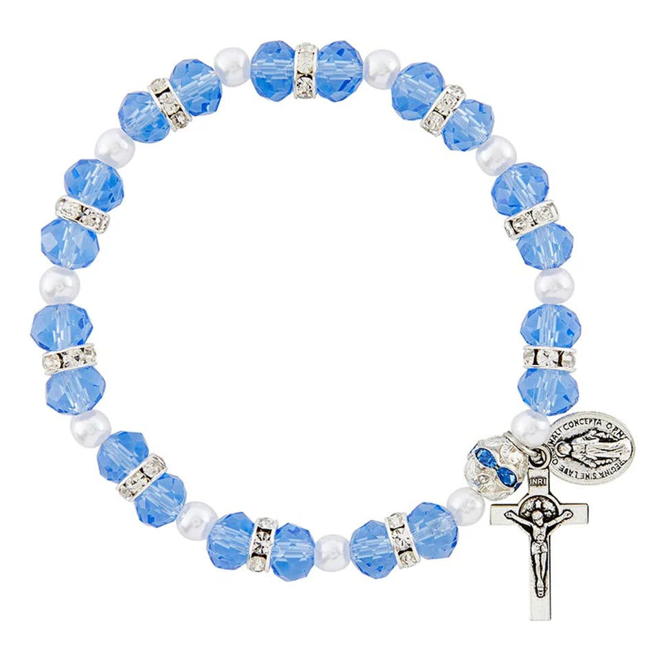Christianartworkshop Crystal Beads Stretch Bracelet with Crucifix and Miraculous Medal - Blue - image 1