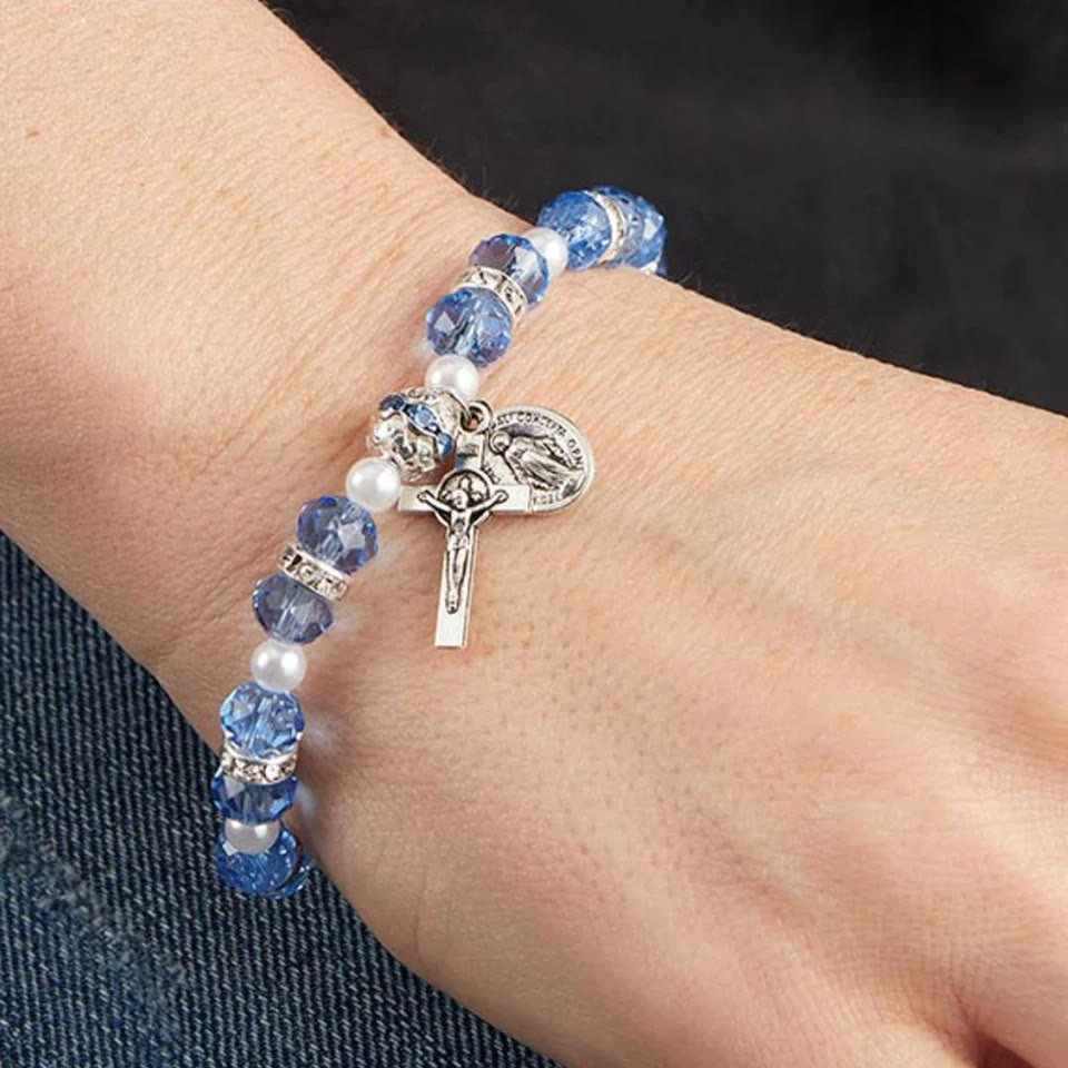 Christianartworkshop Crystal Beads Stretch Bracelet with Crucifix and Miraculous Medal - image 2