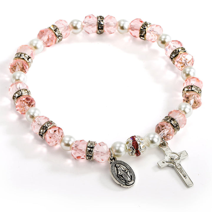 Christianartworkshop Crystal Beads Stretch Bracelet with Crucifix and Miraculous Medal - Pink - image 10