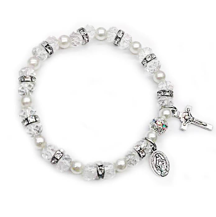 Christianartworkshop Crystal Beads Stretch Bracelet with Crucifix and Miraculous Medal - White - image 11