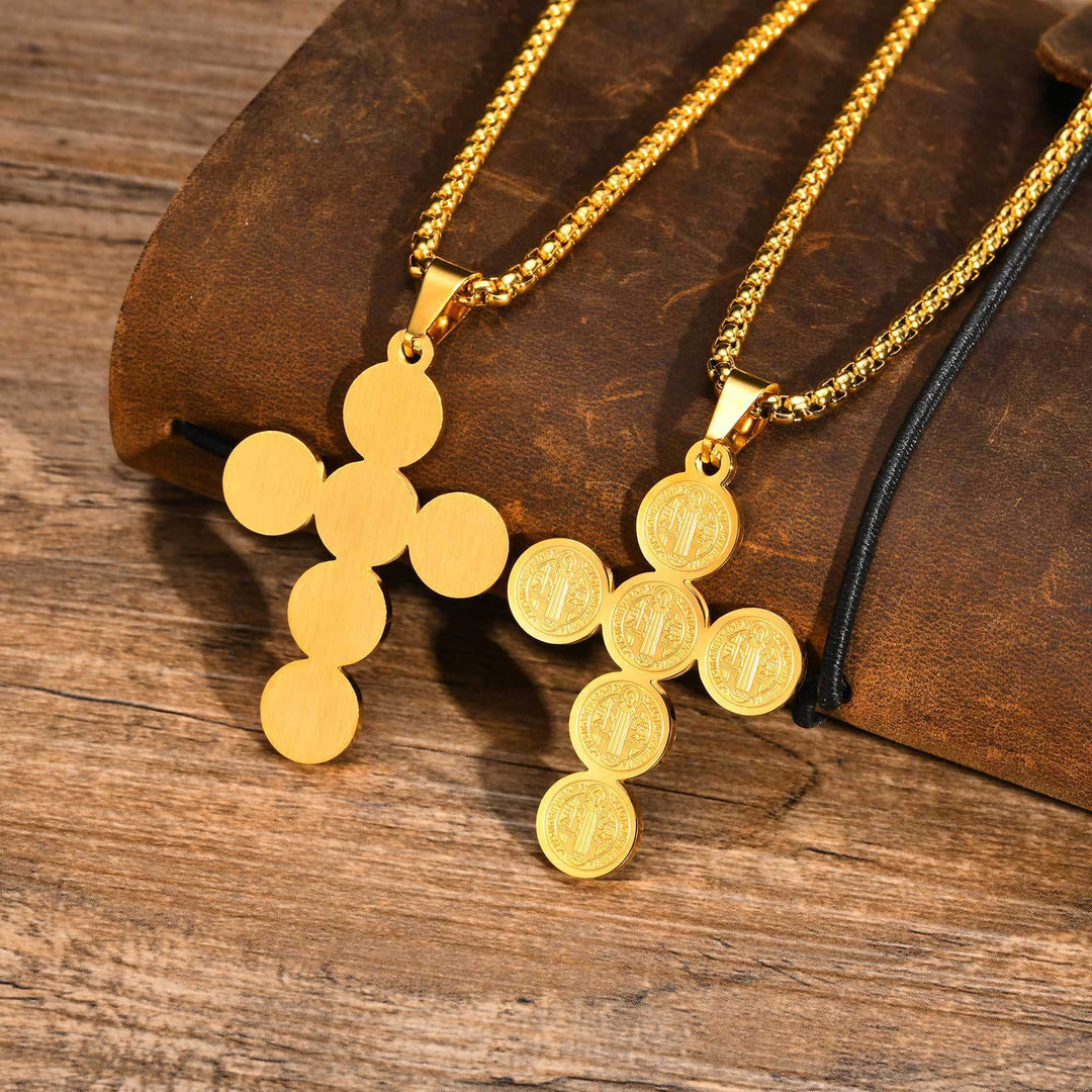 Christianartworkshop Round St. Benedict Cross Gold Pendant Necklace - Golden - image 0
