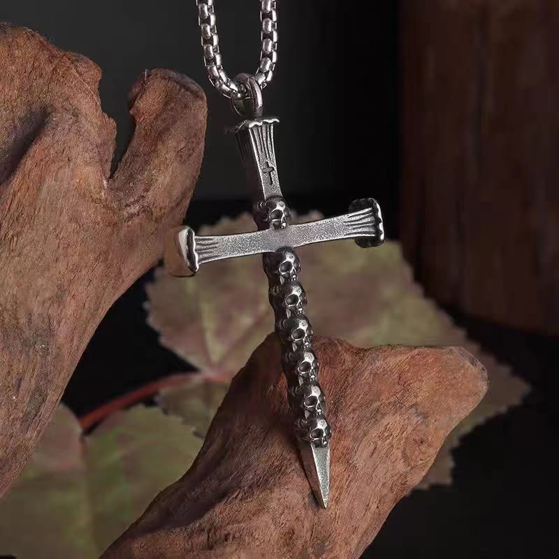 Titanium Steel Skull Nail Cross Pendant Necklace – Christian Art