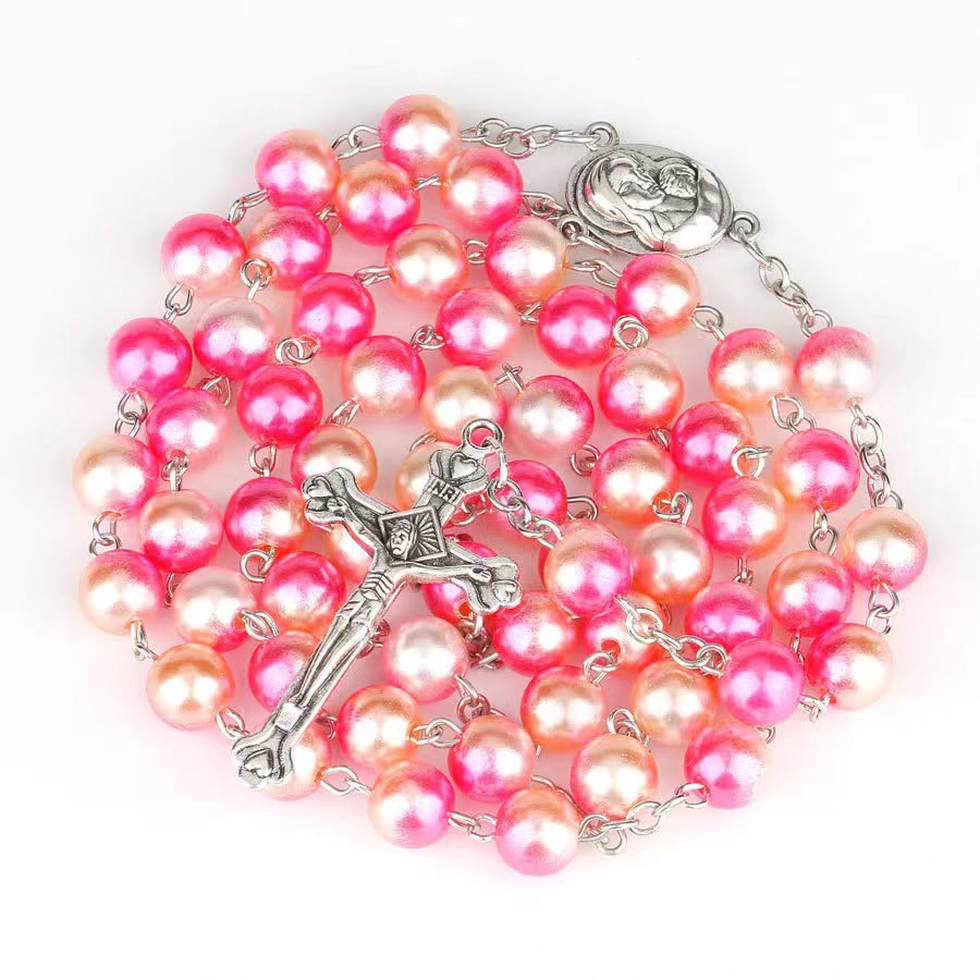Two-color Pearl Crucifix Rosary - Orange&Pink - image 2
