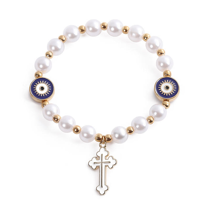 Christianartworkshop Handmade "Eyes" Beaded Cross Pearl Bracelet - White - image 4