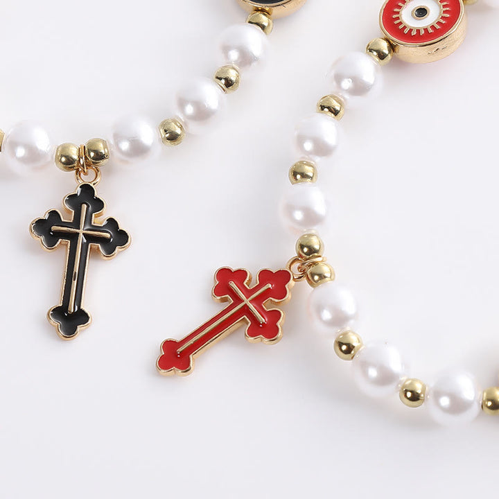 Christianartworkshop Handmade "Eyes" Beaded Cross Pearl Bracelet - Red - image 1