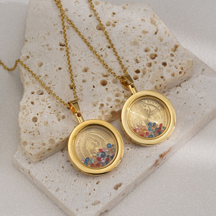 Gold Round Reversible Necklace: Our Lady and St. Benedict - Virgin Mary - Golden - image 1