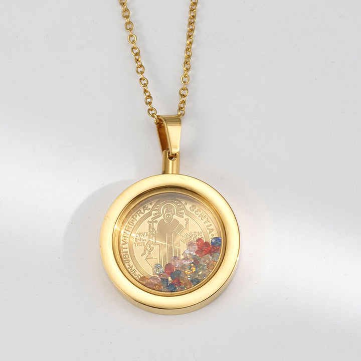 Gold Round Reversible Necklace: Our Lady and St. Benedict - Saint Benedict - Golden - image 4