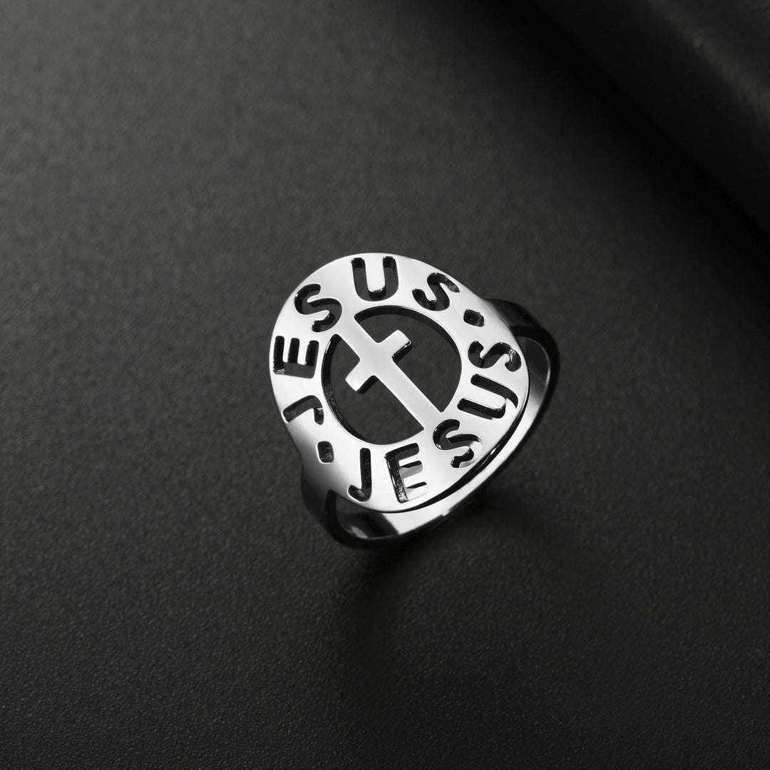 Christianartworkshop Cross with "JESUS"Amulet Stainless Steel Ring - UK Size V1/2（US 11） - Silver - image 3