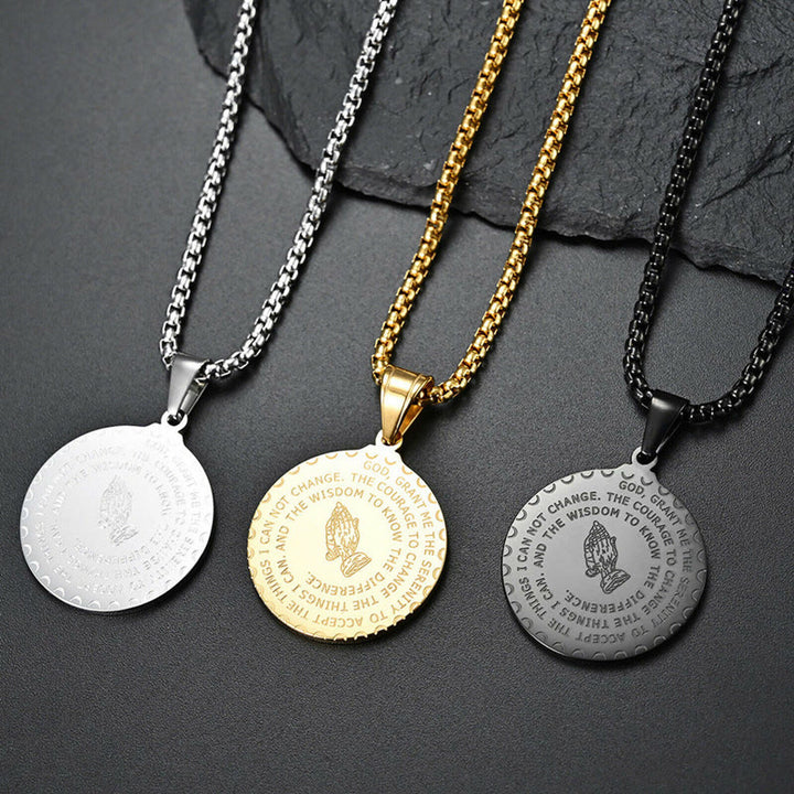 Christianity Praying Hands Round Plaque Necklace - Silver - image 1