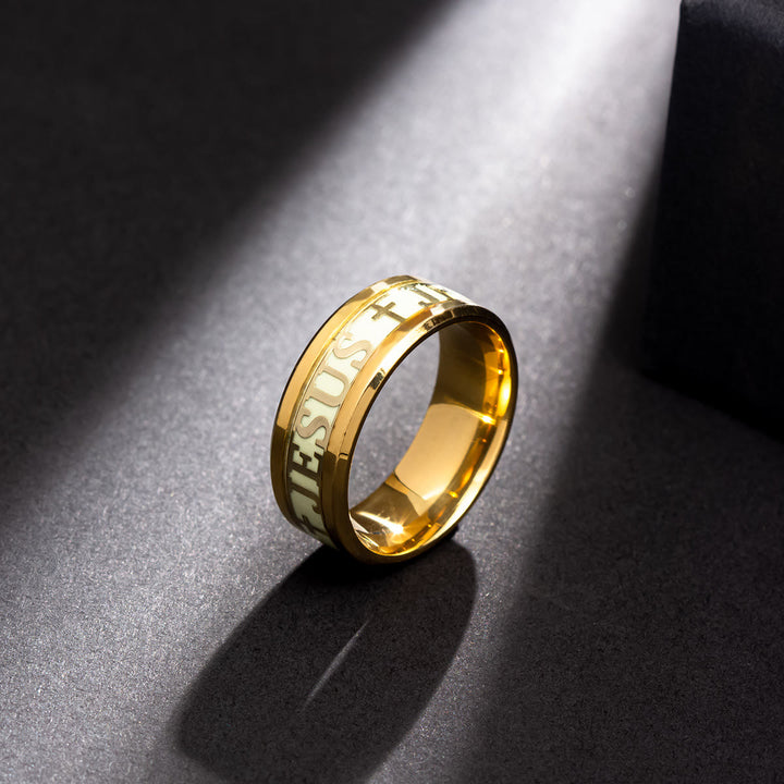 Luminous "JESUS" Printed Stainless Steel Ring - US13 - Golden - image 4