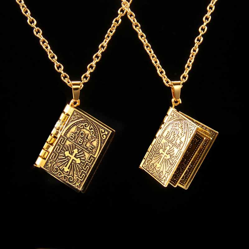Turnable Cross Holy Bible Pendant Quality Necklace - Golden - image 1