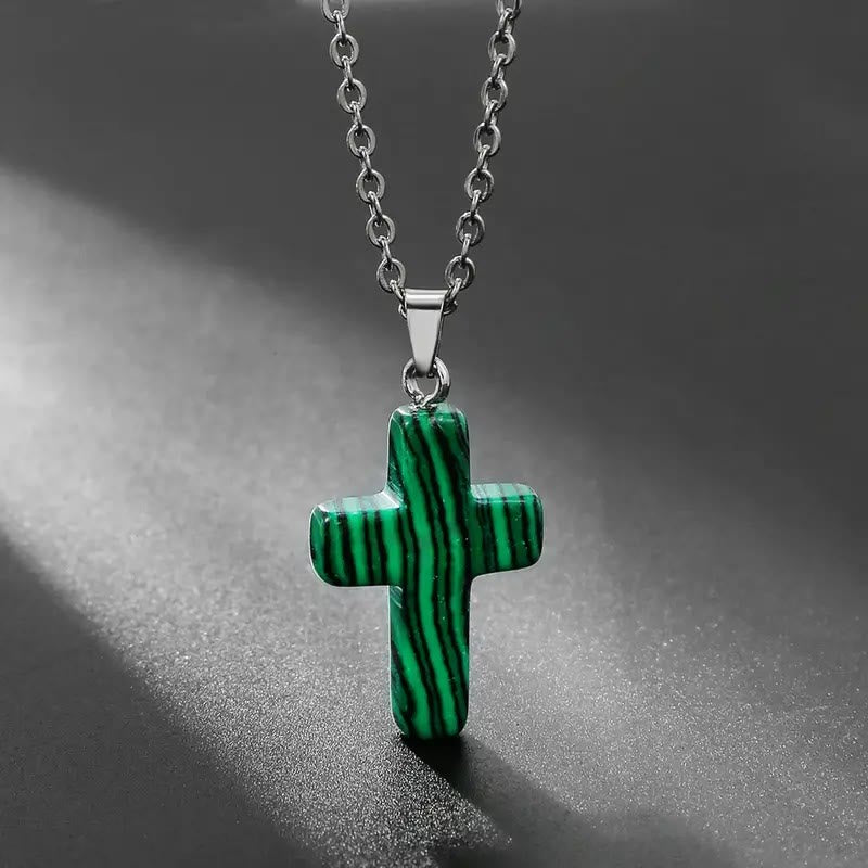Natural Stone Cross Gemstone Pendant Necklace - Malachite - image 2