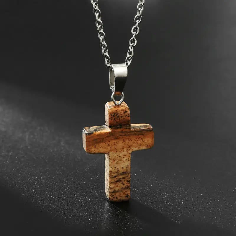 Natural Stone Cross Gemstone Pendant Necklace - Picturejade - image 4