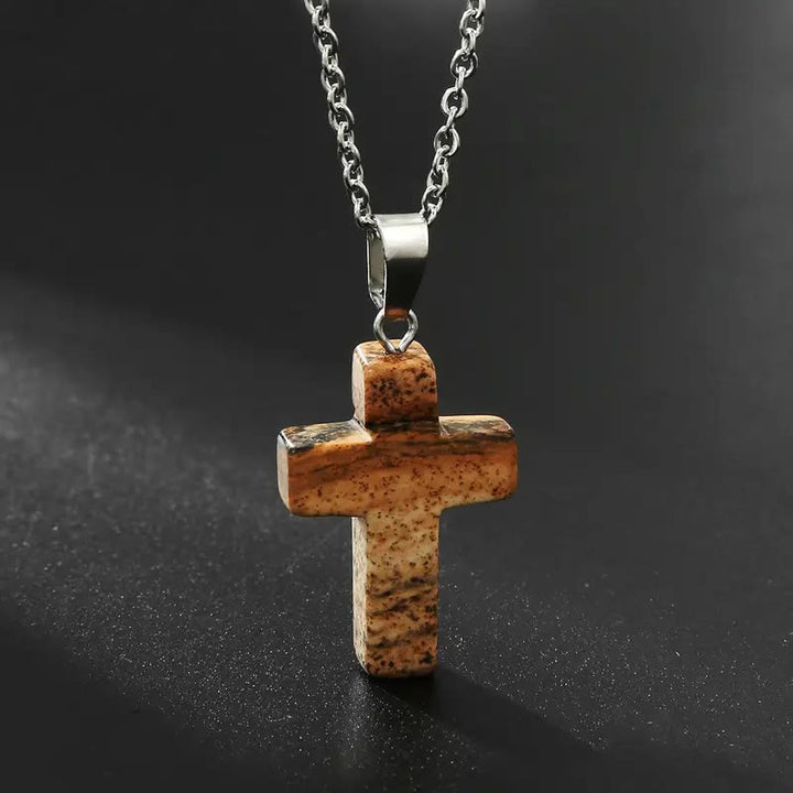 Natural Stone Cross Gemstone Pendant Necklace - Picturejade - image 4