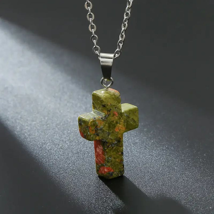 Natural Stone Cross Gemstone Pendant Necklace - Unakite - image 18