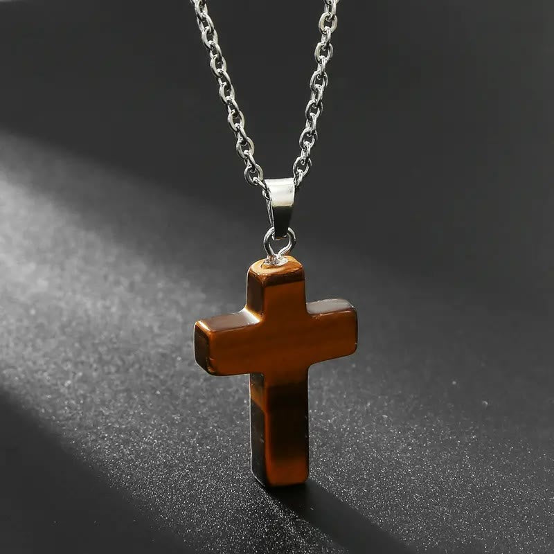 Natural Stone Cross Gemstone Pendant Necklace - Tiger Eye - image 9