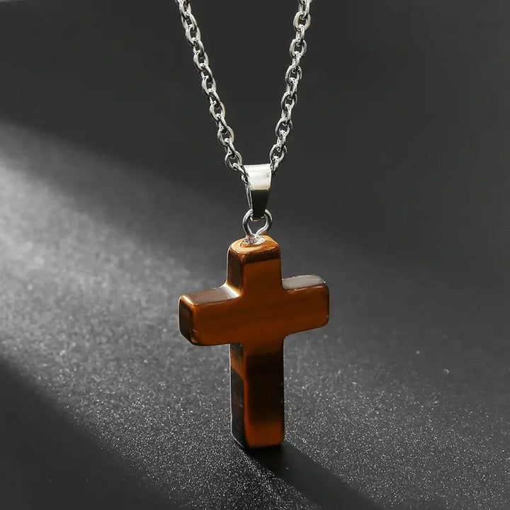 Natural Stone Cross Gemstone Pendant Necklace - Tiger Eye - image 9