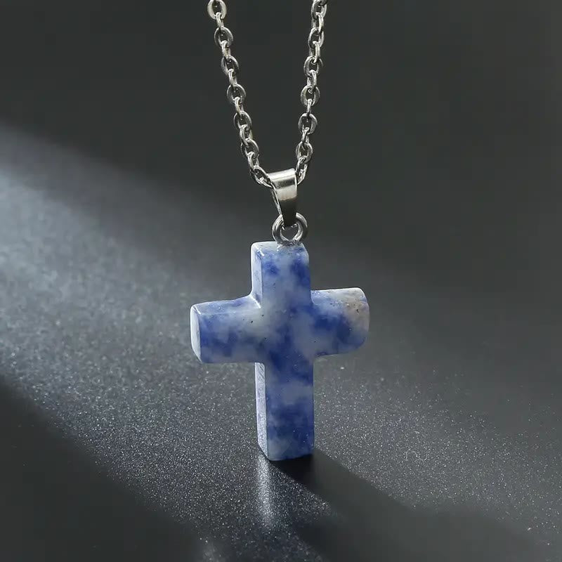 Natural Stone Cross Gemstone Pendant Necklace - Bluestone - image 14