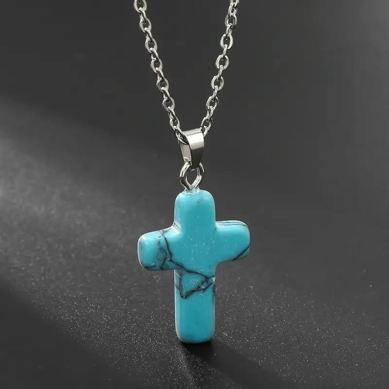 Natural Stone Cross Gemstone Pendant Necklace - Turquoise - image 10