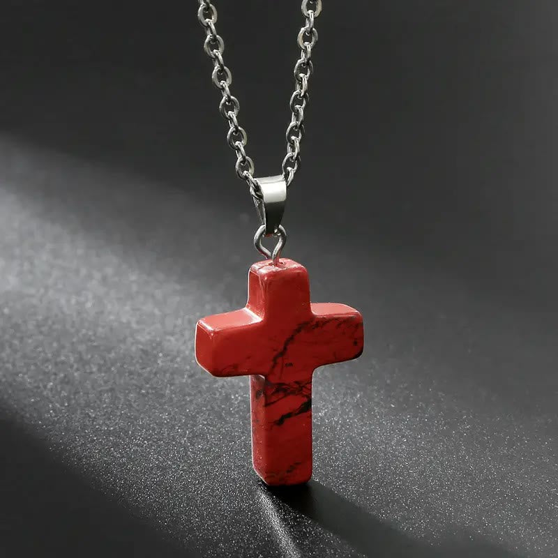 Natural Stone Cross Gemstone Pendant Necklace - Redstone - image 6