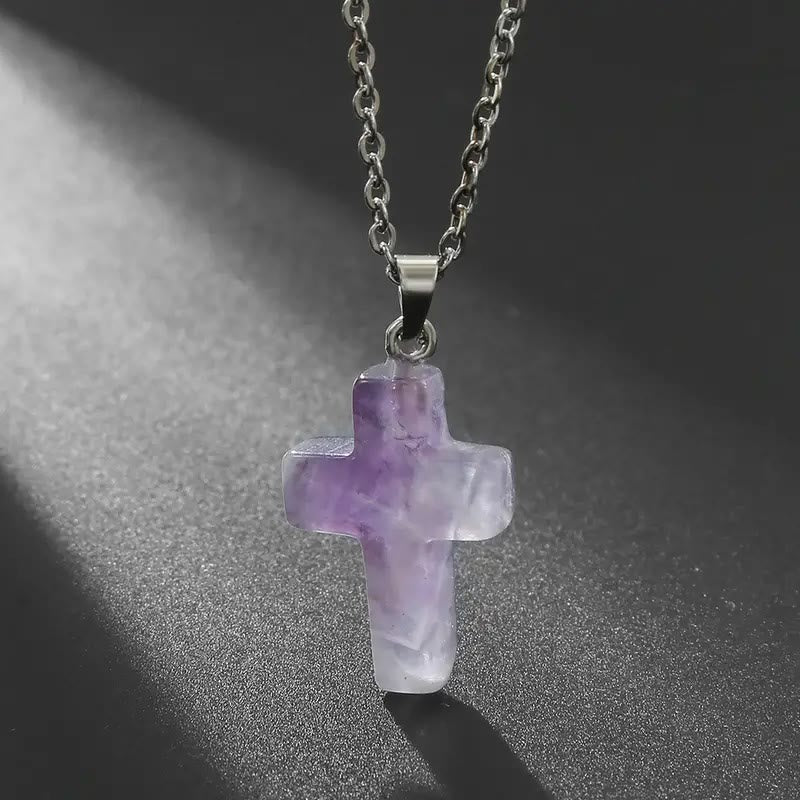 Natural Stone Cross Gemstone Pendant Necklace - Amethyst - image 7
