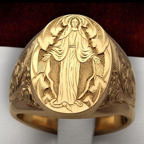 Christianartworkshop Virgin Mary Blessing Badge Hand Engraved Religious Ring - UK Size Y（US 12） - Golden - image 0