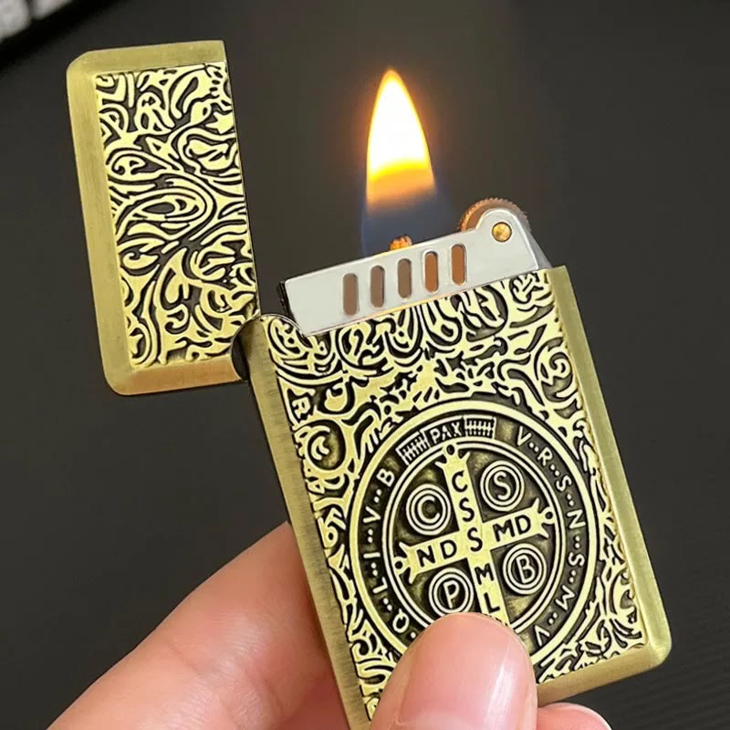 Carved St. Benedict Cross Medallion Solid Metal Cigarette Lighter - Golden - image 0