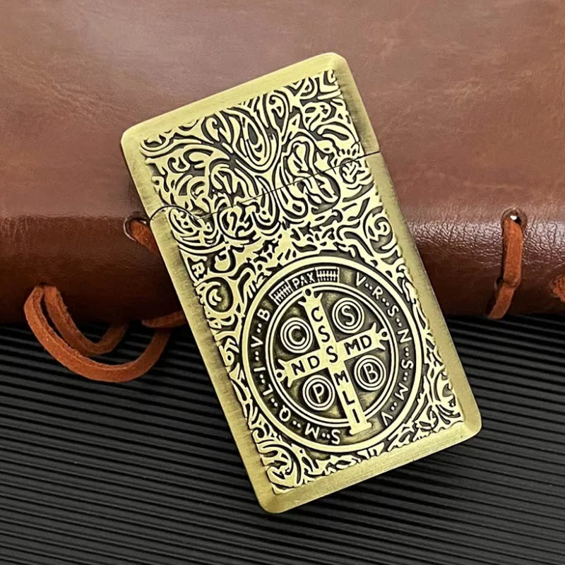 Carved St. Benedict Cross Medallion Solid Metal Cigarette Lighter - image 2