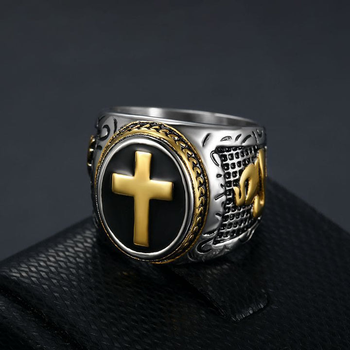 Christianartworkshop Retro Cross "Hand of God" Titanium Religion Ring - Golden - UK Size Z+2（US 15） - image 0