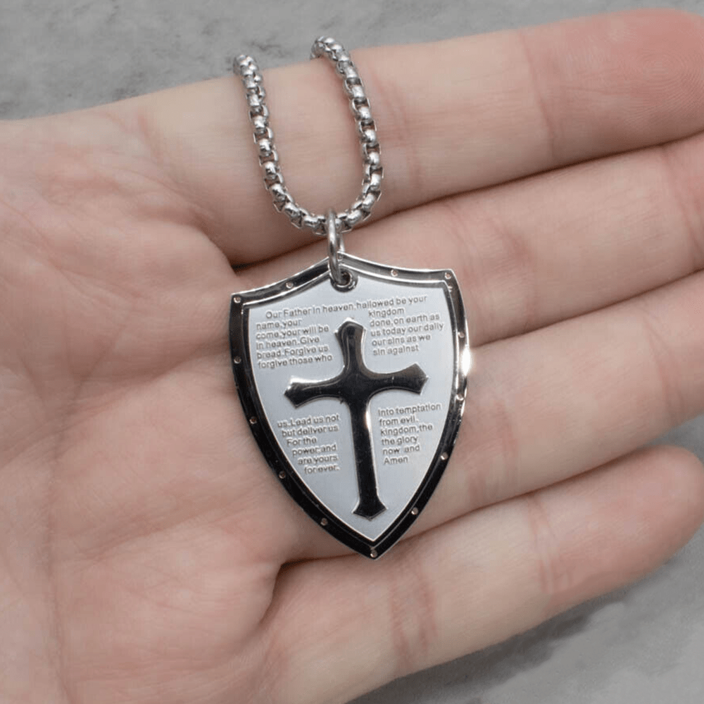 Christianartworkshop Stainless Steel Lords Prayer Cross Shield Pendant Necklace - image 11