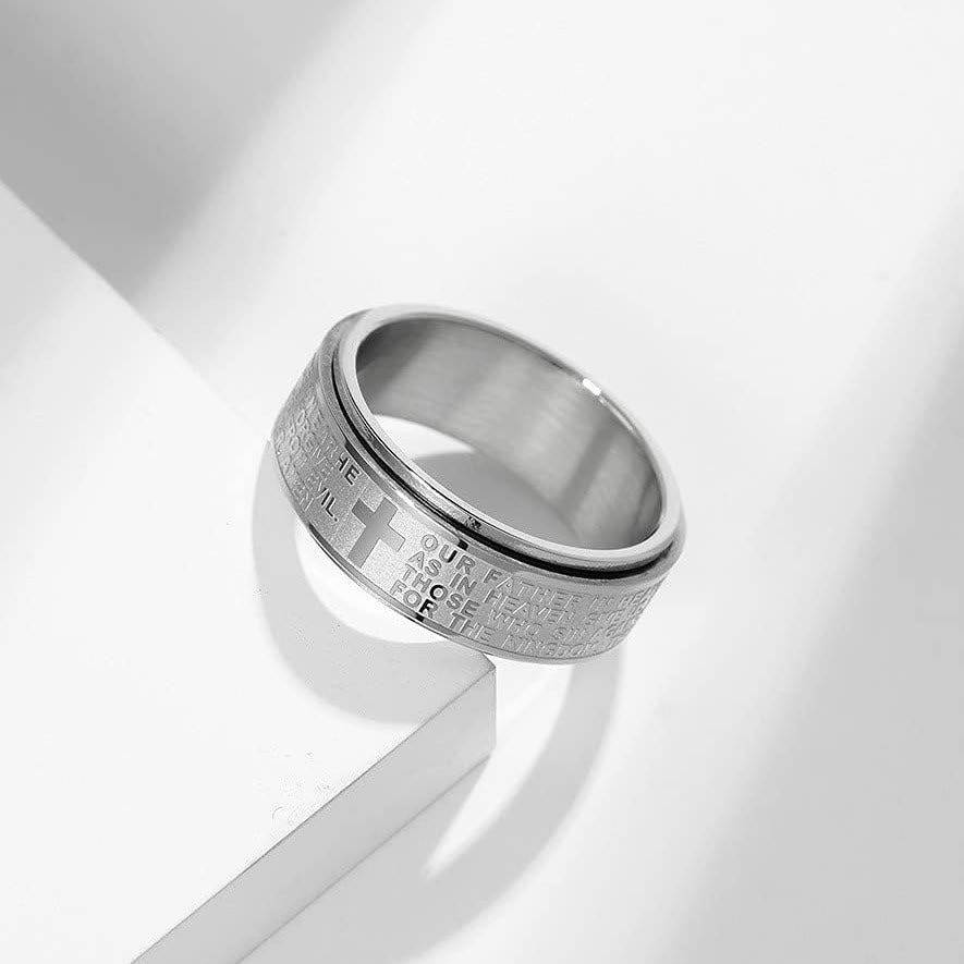 Christianartworkshop Lord's Prayer Cross Stainless Steel Rotating Bible Verse Band Ring - Silver - UK Size Z（US 13） - image 0