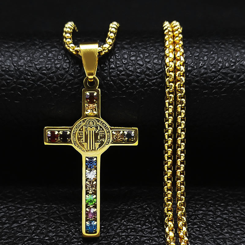 Christianartworkshop Saint Benedict Cross Mix Bible 12 Crystal Necklace - Golden - image 0