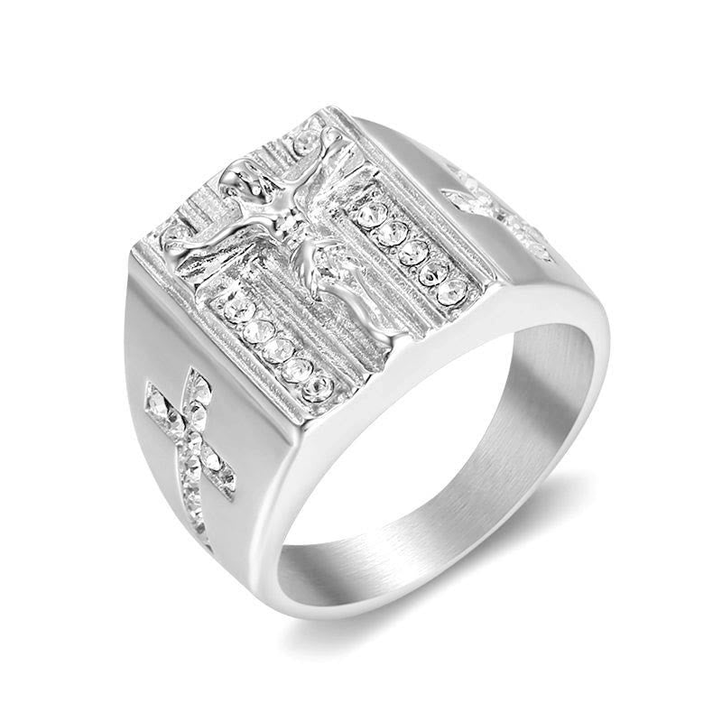 Christianartworkshop  Zirconia Set Crucifix Jesus Religious Ring - Silver - US 13 - image 3