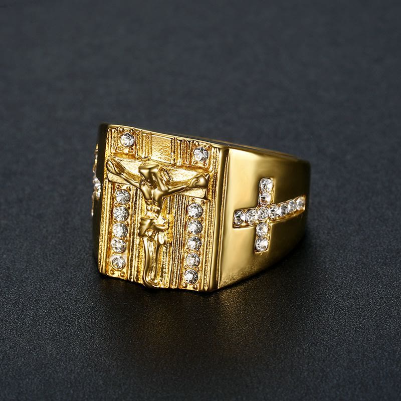 Christianartworkshop  Zirconia Set Crucifix Jesus Religious Ring - Golden - UK Size Z+1（US 14） - image 0