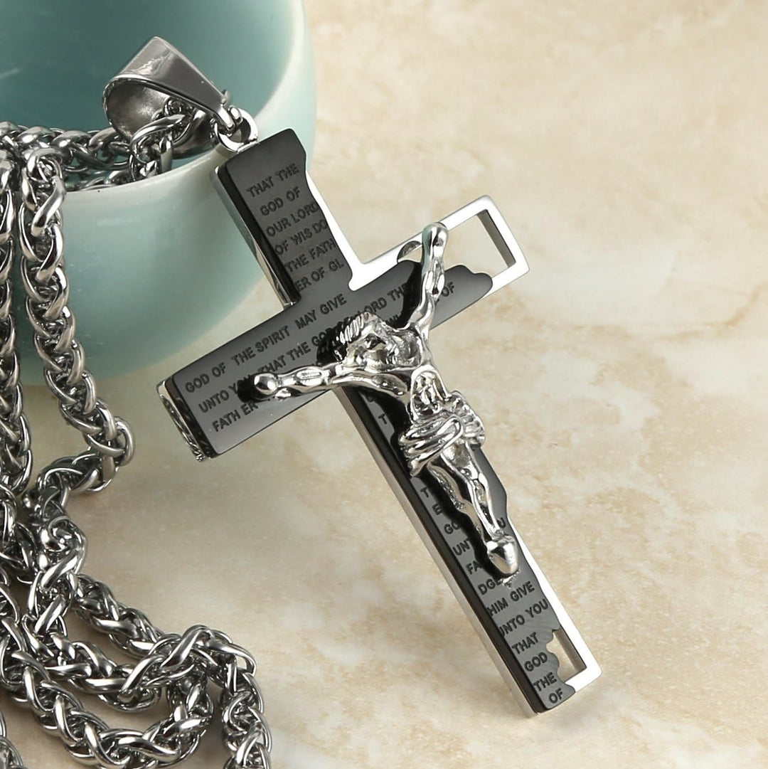 Christianartworkshop Stainless Steel Crucifix Bible Prayer Pendant Necklace Chain - Black - image 4