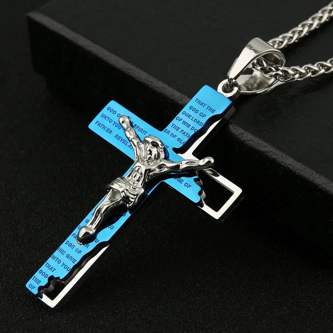 Christianartworkshop Stainless Steel Crucifix Bible Prayer Pendant Necklace Chain - Blue - image 2