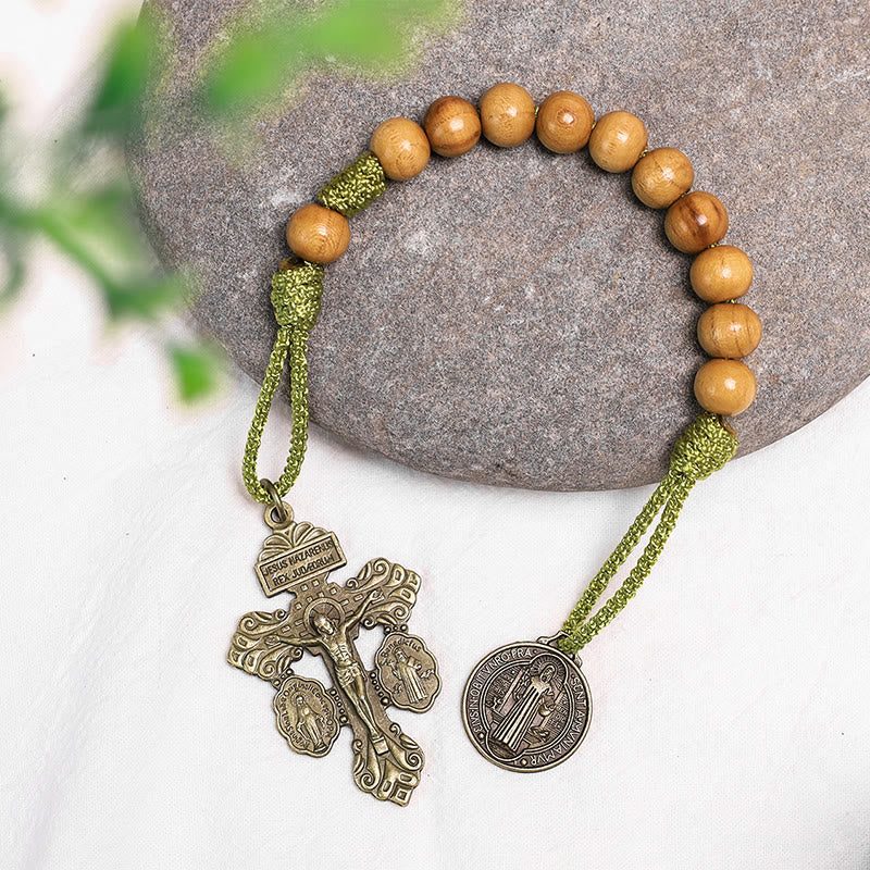 Christianartworkshop Olive Wood Saint Benedict Medal Decade Rosary - Green Cord - image 8
