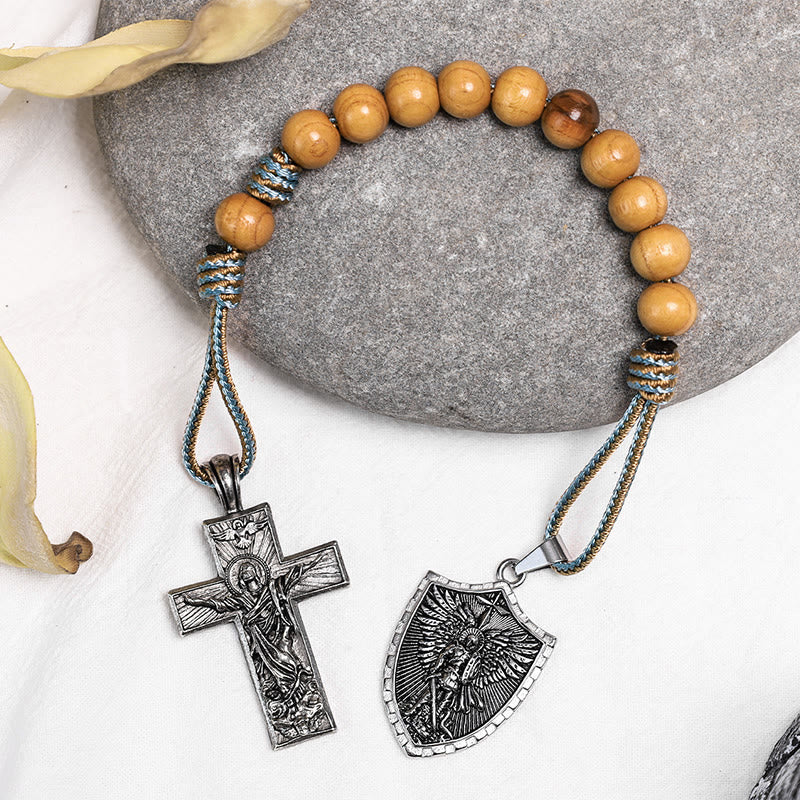 Holy Spirit Jesus Cross & St. Michael the Archangel Medal Pocket Rosary - Cyan & Brown Cord - image 1