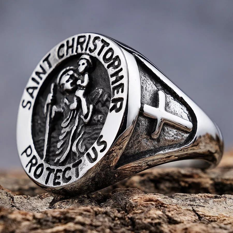Christianartworkshop Saint Christopher Protect Us Medal Signet Ring - Silver - UK Size Z（US 13） - image 6