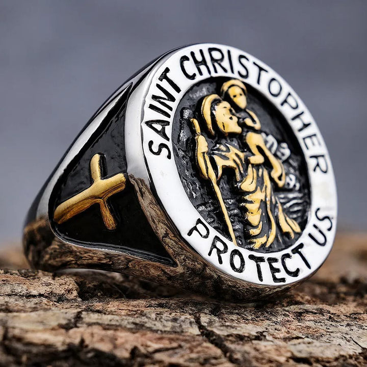 Christianartworkshop Saint Christopher Protect Us Medal Signet Ring - Silver-gold - US 13 - image 0